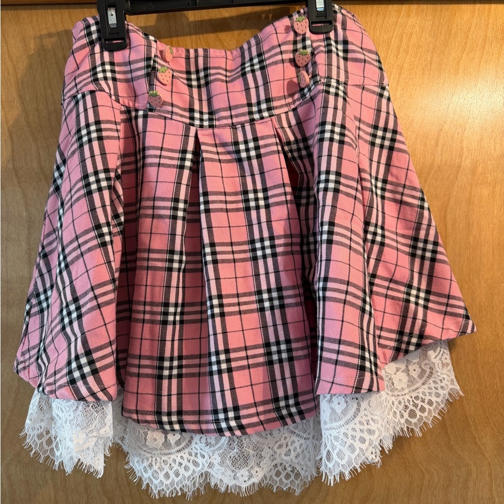Hot Topic Pink Plaid A-Line Skirt with Lace
